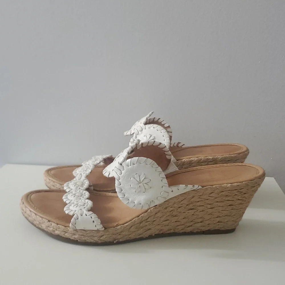 Jack Rogers Shelby Whipstitch White Leather Wedge Sandals with Espadrille 8.5 - Picture 2 of 14
